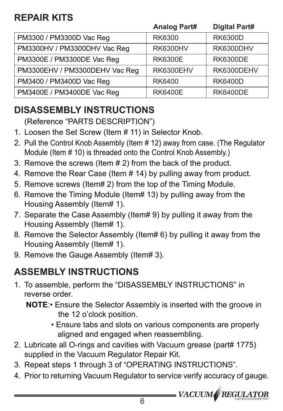 Repair kits, Assembly instructions, Disassembly instructions | Precision Medical Continuous Intermittent Vacuum Regulator User Manual | Page 7 / 12