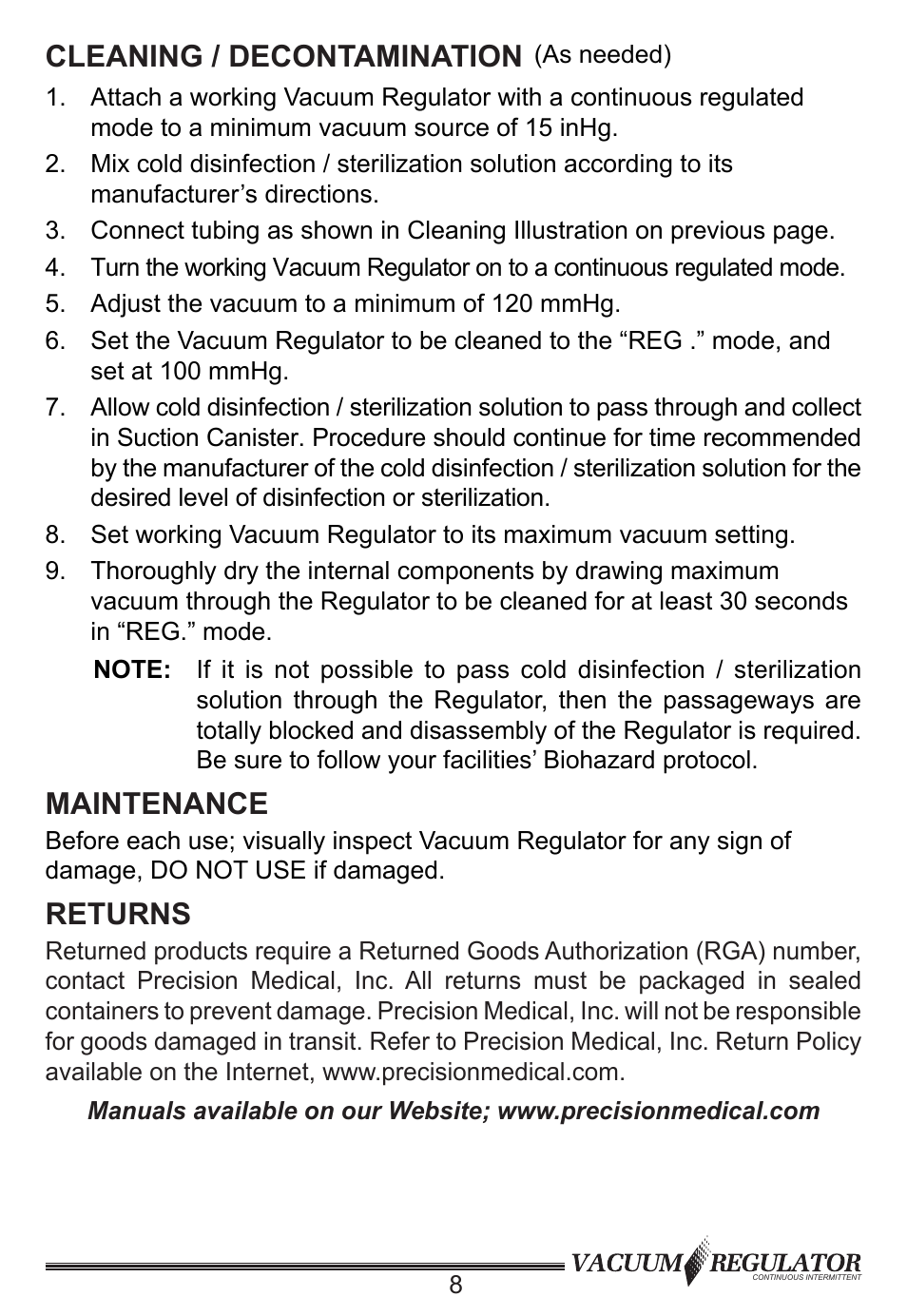 Cleaning / decontamination, Maintenance, Returns | Precision Medical Continuous Intermittent Vacuum Regulator User Manual | Page 9 / 12