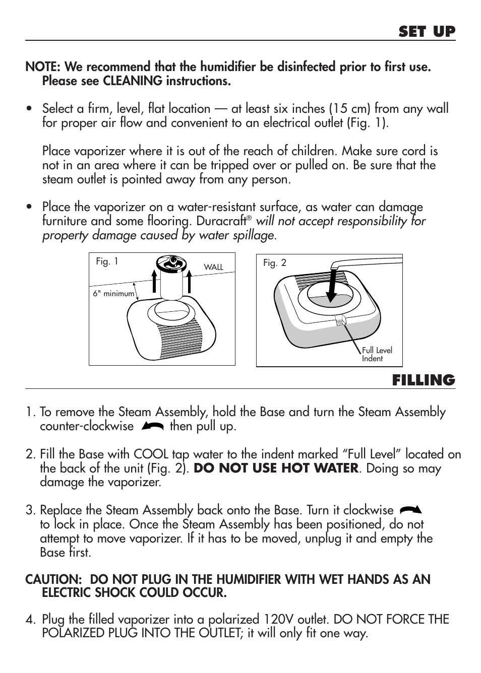 Set up, Filling | Duracraft Baby's Breath Vaporizer DH-711 User Manual | Page 4 / 11