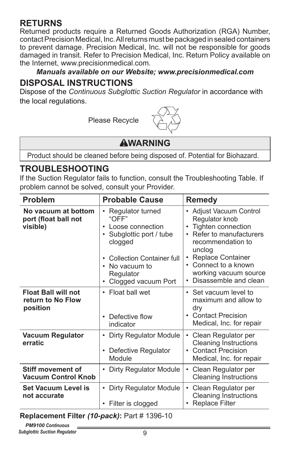 Returns, Disposal instructions, Warning | Troubleshooting | Precision Medical Continuous Subglottic Suction Regulator User Manual | Page 10 / 12