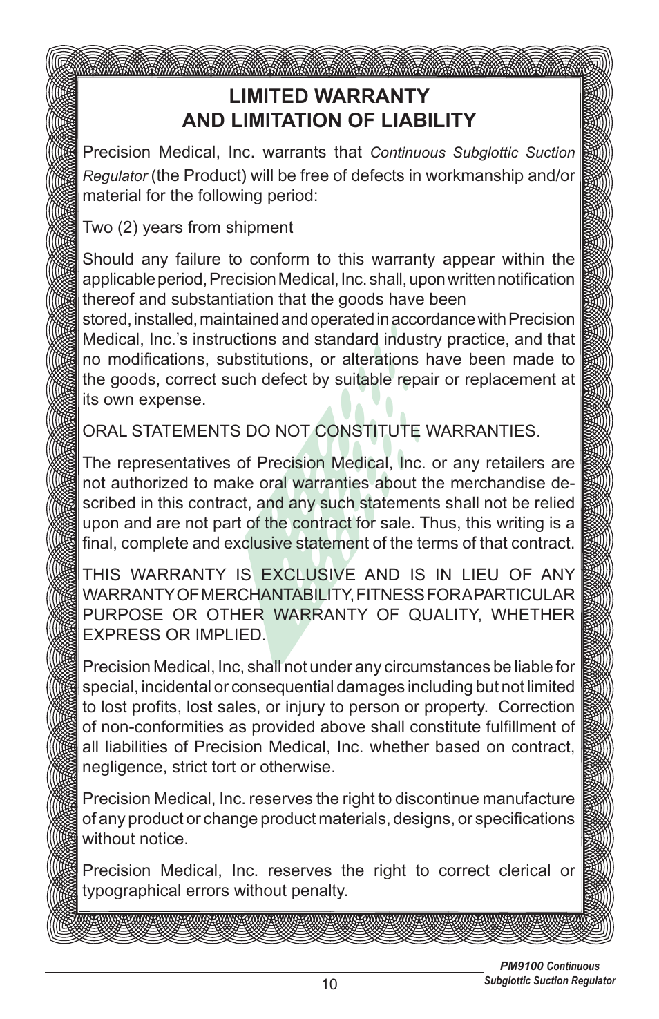 Limited warranty and limitation of liability | Precision Medical Continuous Subglottic Suction Regulator User Manual | Page 11 / 12