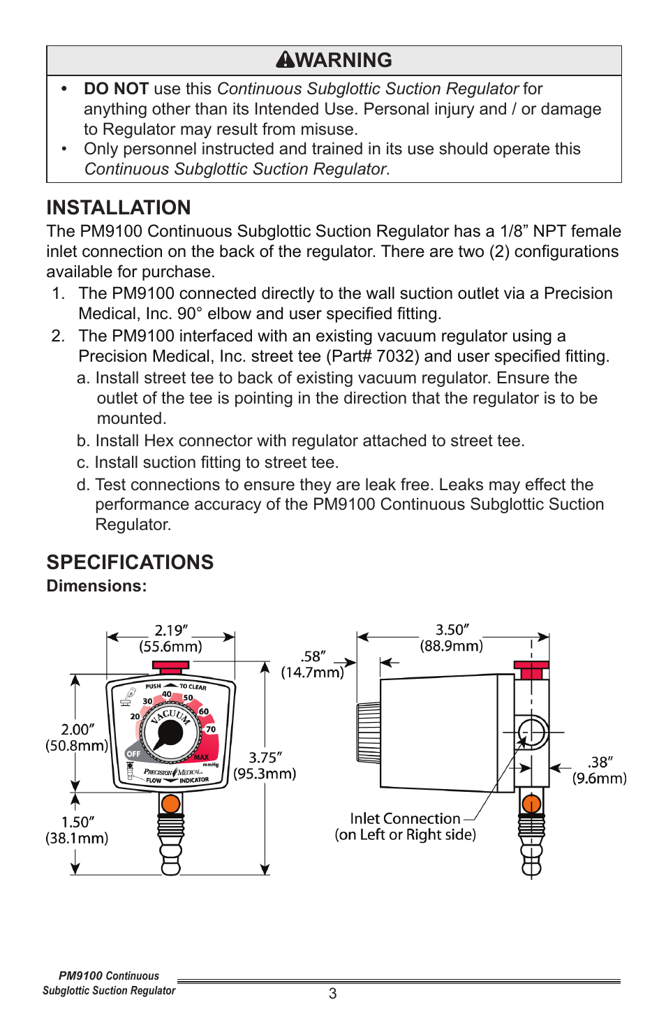 Warning, Installation, Specifications | Precision Medical Continuous Subglottic Suction Regulator User Manual | Page 4 / 12