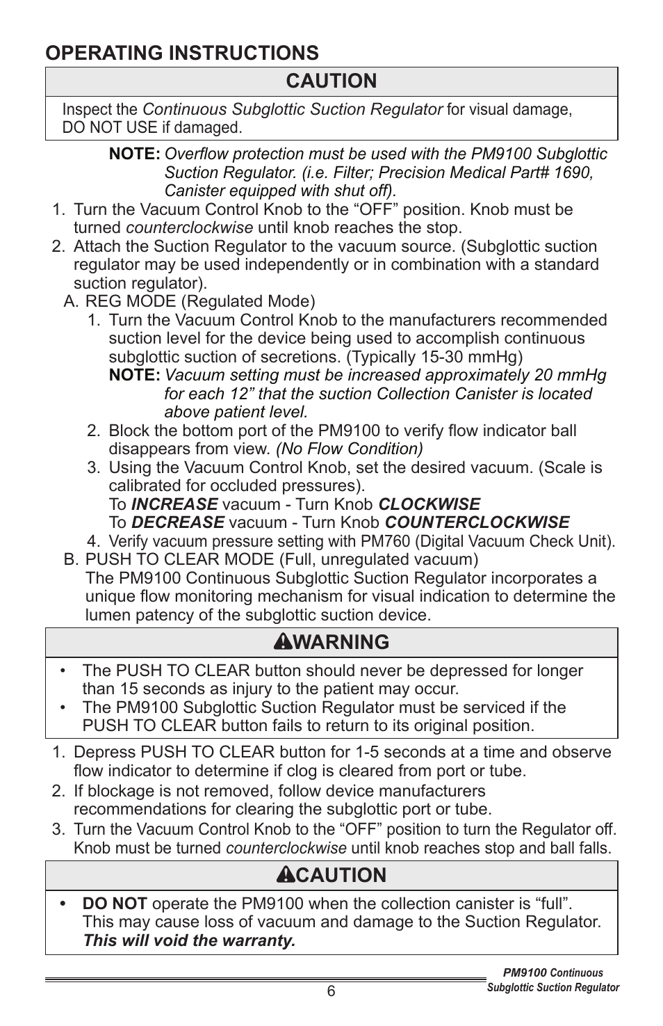 Operating instructions caution, Warning, Caution | Precision Medical Continuous Subglottic Suction Regulator User Manual | Page 7 / 12