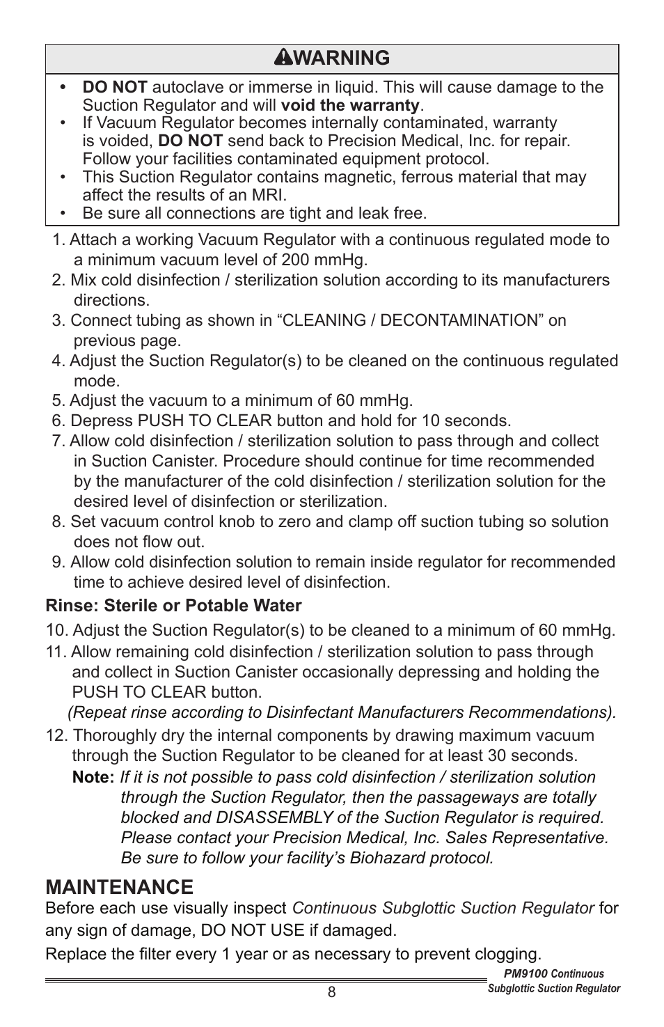 Warning, Maintenance | Precision Medical Continuous Subglottic Suction Regulator User Manual | Page 9 / 12