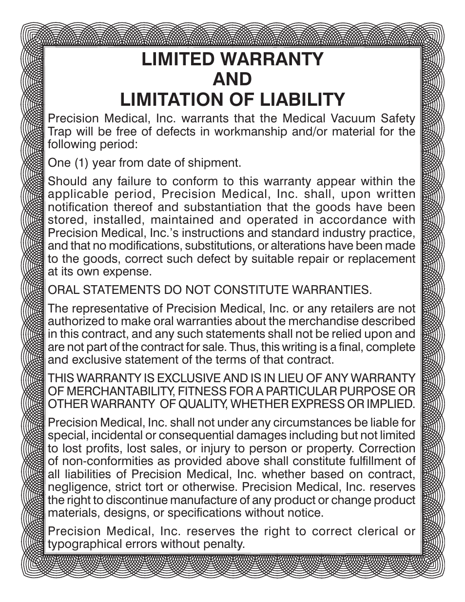 Limited warranty and limitation of liability | Precision Medical Vac Trap User Manual | Page 7 / 8