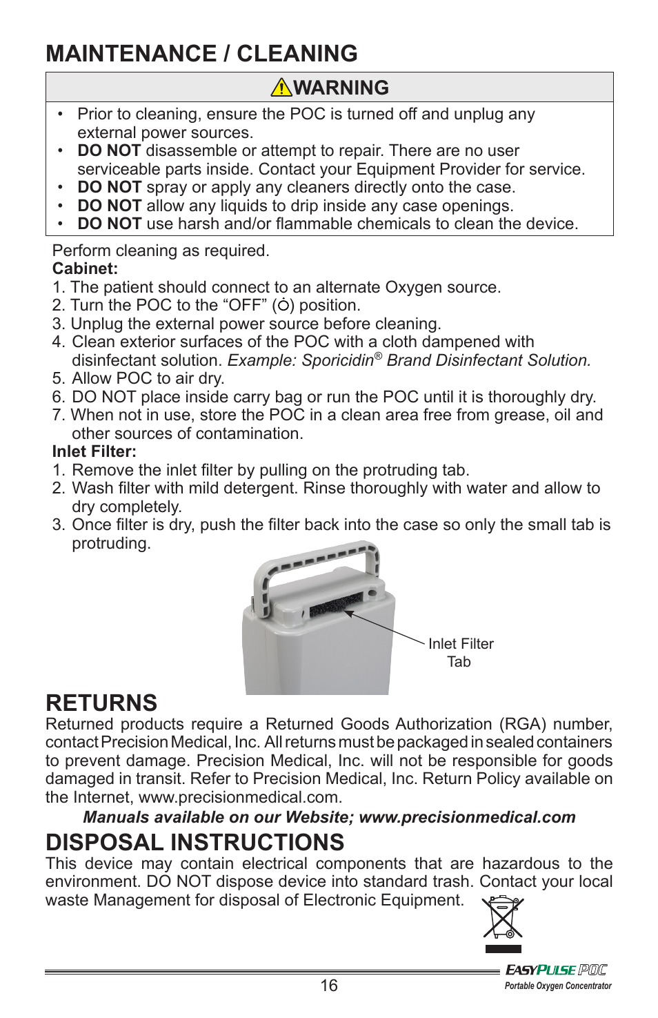 Maintenance / cleaning, Returns, Disposal instructions | Warning | Precision Medical PM4130 EasyPulse POC3 User Manual | Page 17 / 20