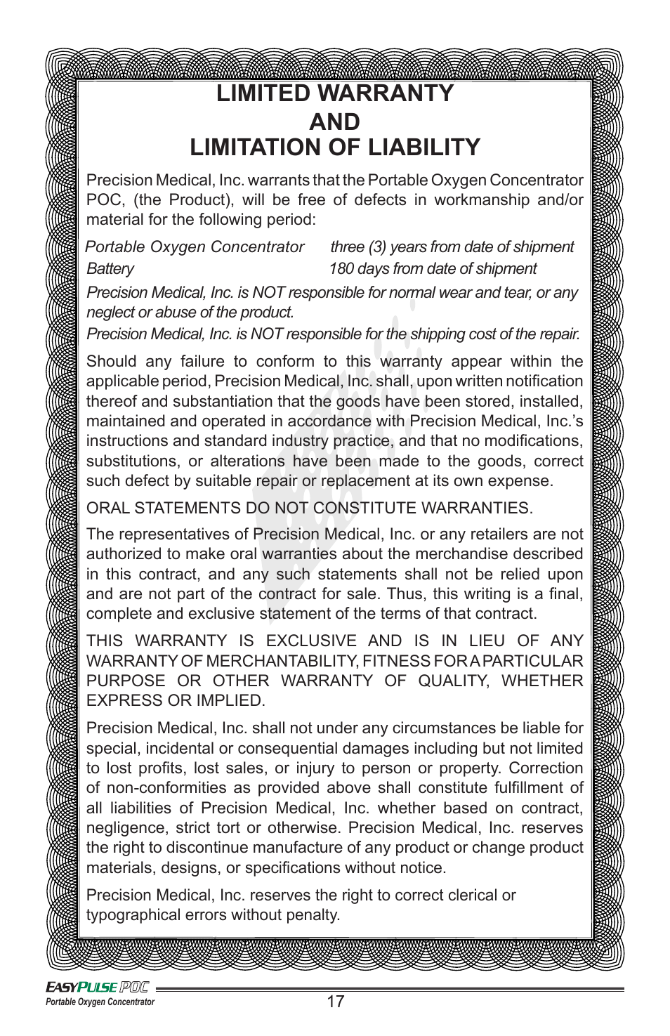 Limited warranty and limitation of liability | Precision Medical PM4130 EasyPulse POC3 User Manual | Page 18 / 20
