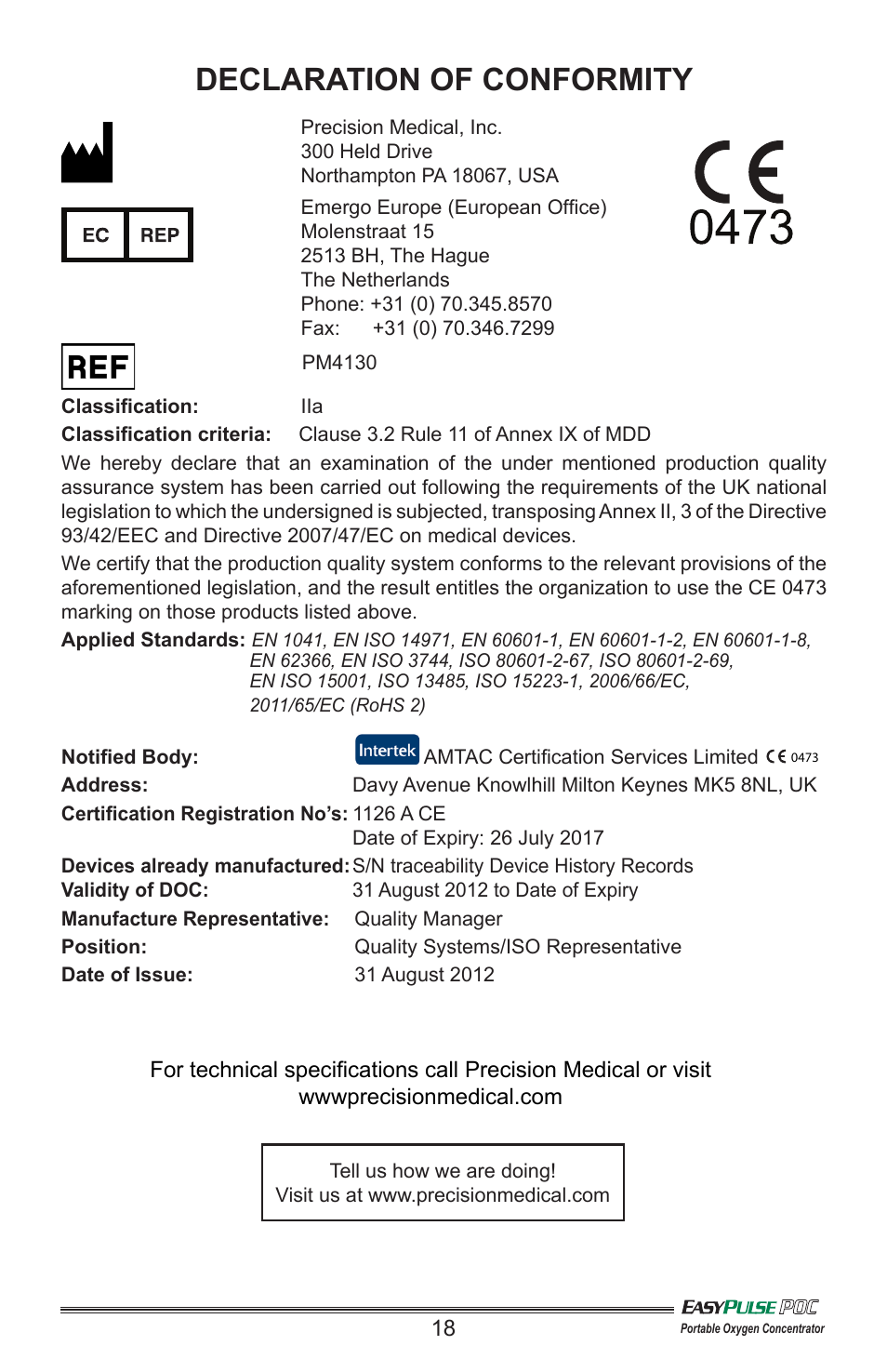 Declaration of conformity | Precision Medical PM4130 EasyPulse POC3 User Manual | Page 19 / 20