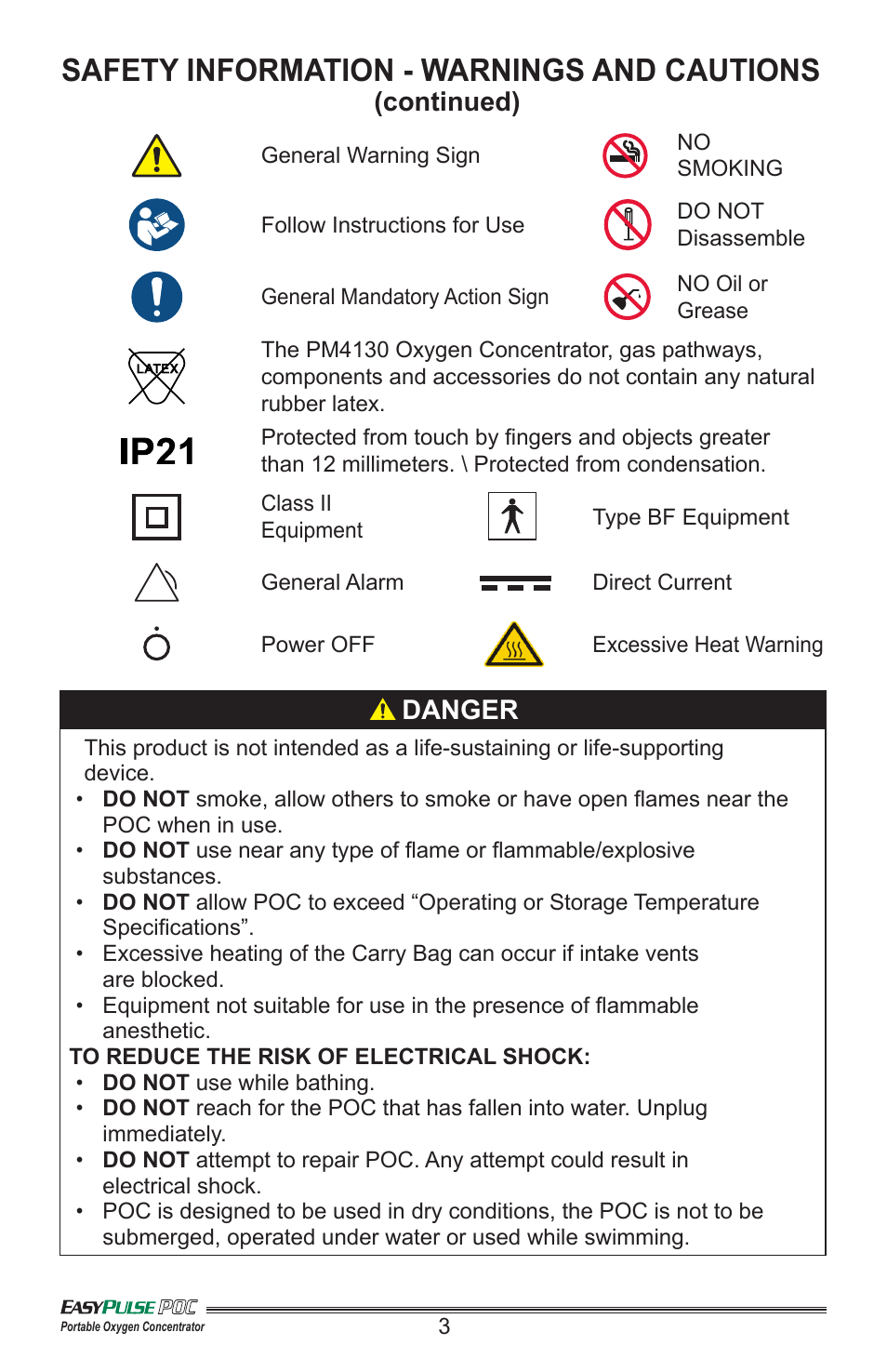 Safety information - warnings and cautions, Danger, Continued) | Precision Medical PM4130 EasyPulse POC3 User Manual | Page 4 / 20