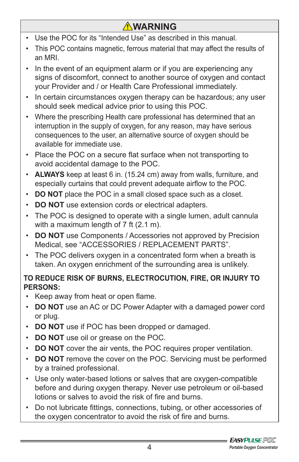 Warning | Precision Medical PM4130 EasyPulse POC3 User Manual | Page 5 / 20