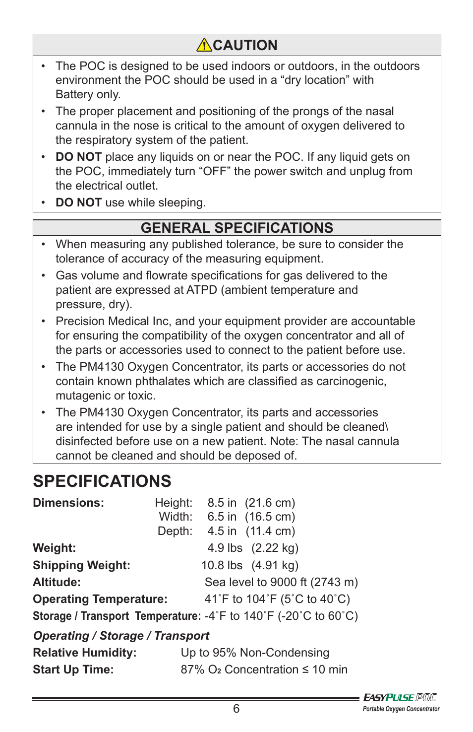 Specifications, Caution, General specifications | Precision Medical PM4130 EasyPulse POC3 User Manual | Page 7 / 20