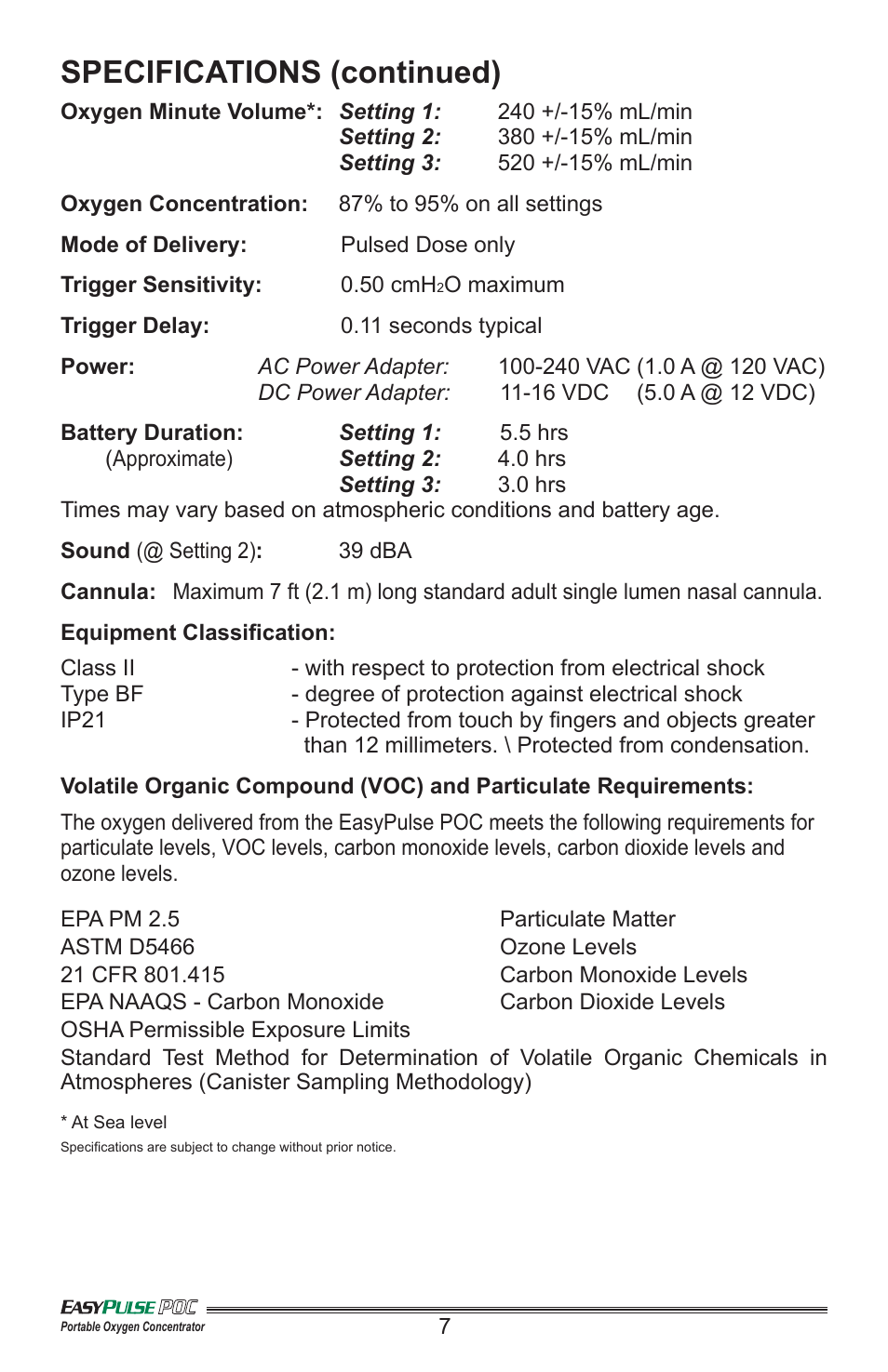 Specifications (continued) | Precision Medical PM4130 EasyPulse POC3 User Manual | Page 8 / 20
