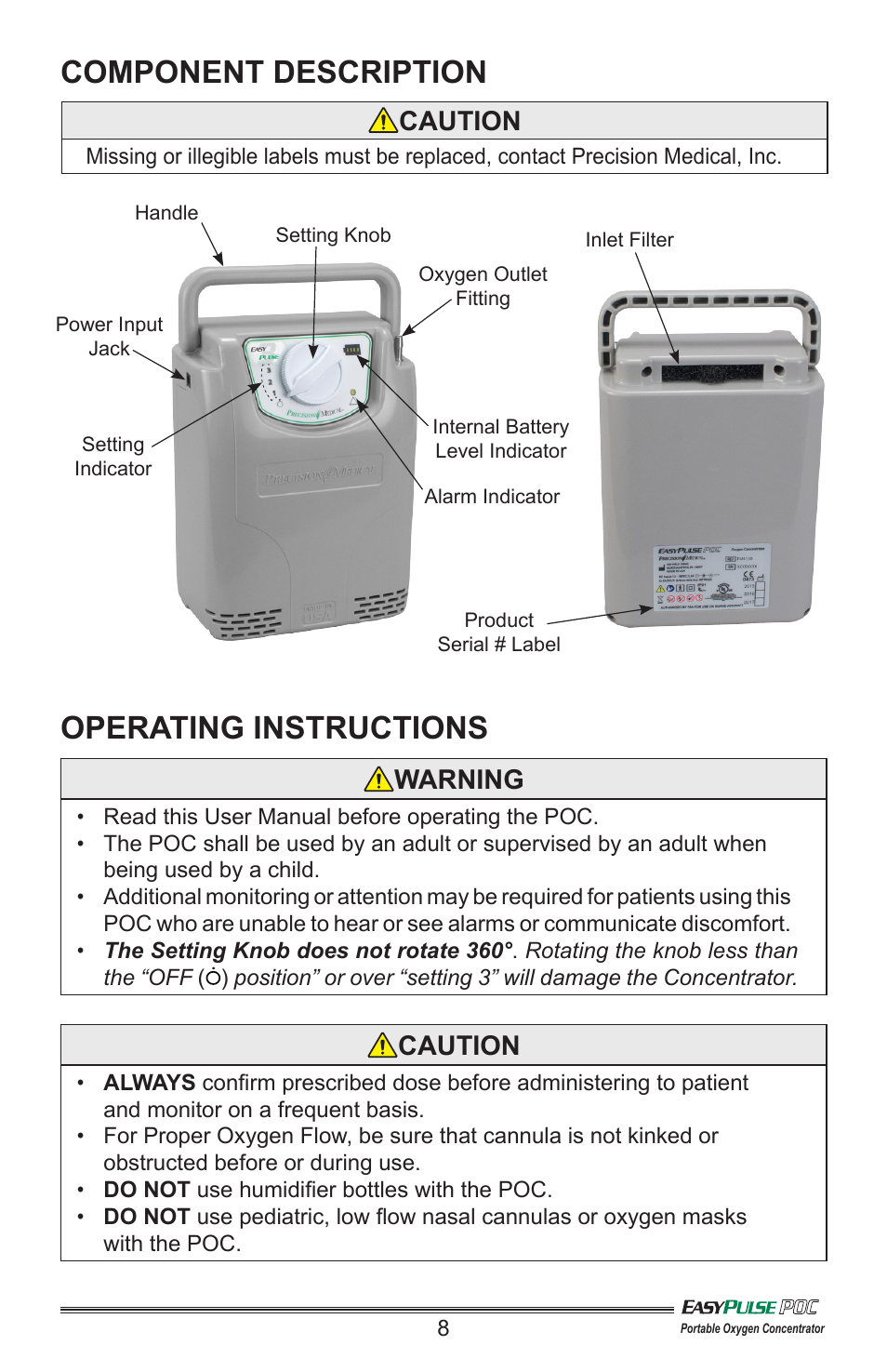 Component description, Operating instructions, Caution | Warning | Precision Medical PM4130 EasyPulse POC3 User Manual | Page 9 / 20