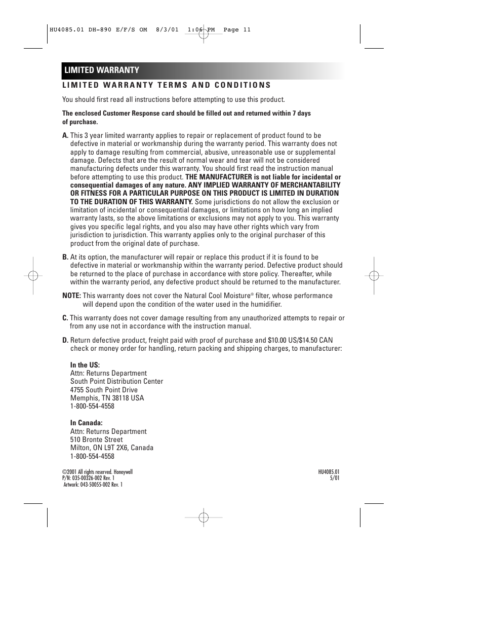 Limited warranty | Duracraft NATURAL COOL MOISTURE DH-890 User Manual | Page 11 / 11