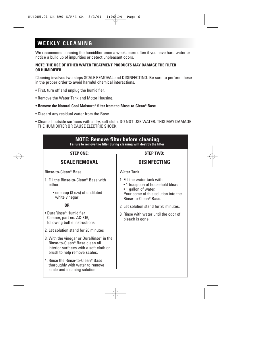 Scale removal, Disinfecting | Duracraft NATURAL COOL MOISTURE DH-890 User Manual | Page 7 / 11