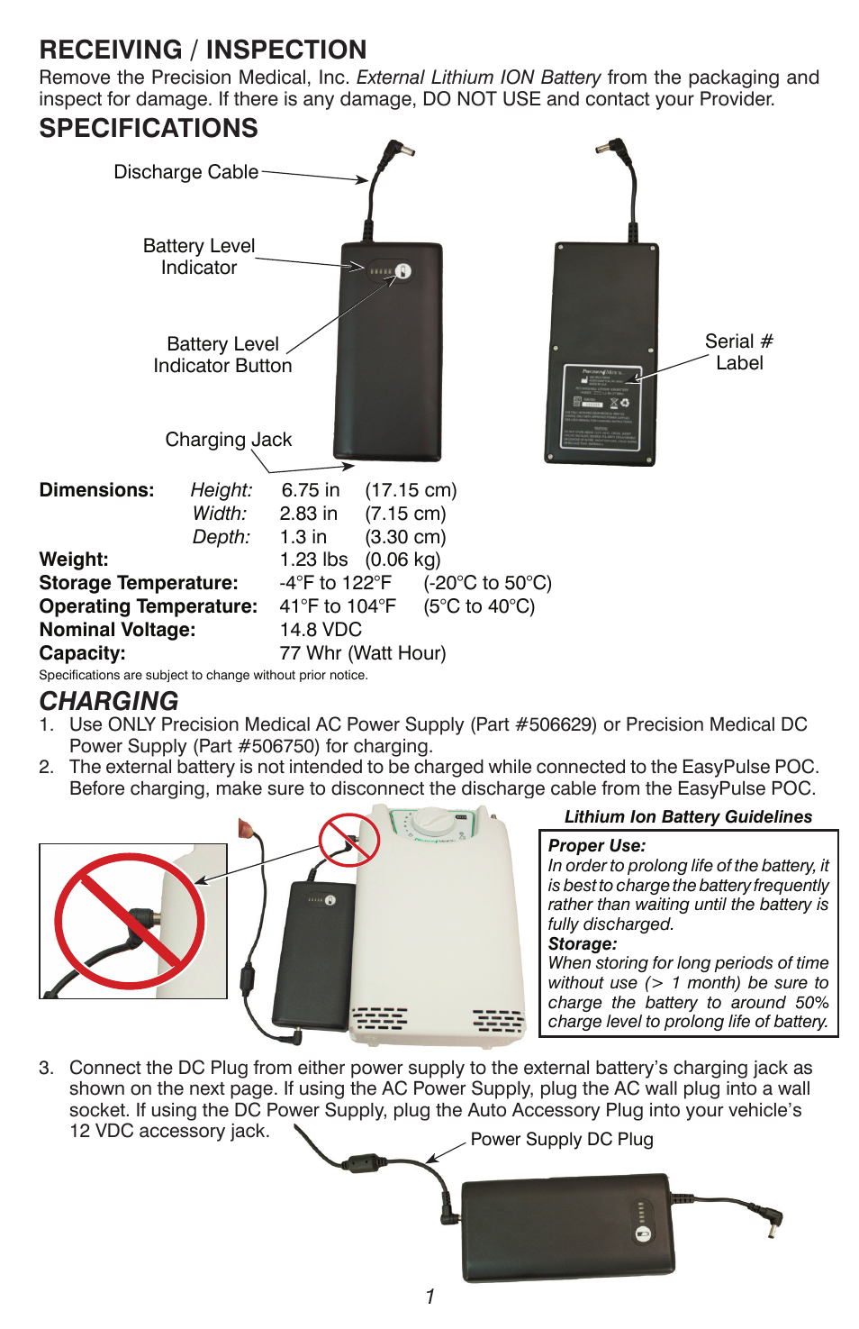 Receiving / inspection, Specifications, Charging | Precision Medical PM4150 EasyPulse Portable Oxygen Concentrator (POC) User Manual | Page 2 / 4
