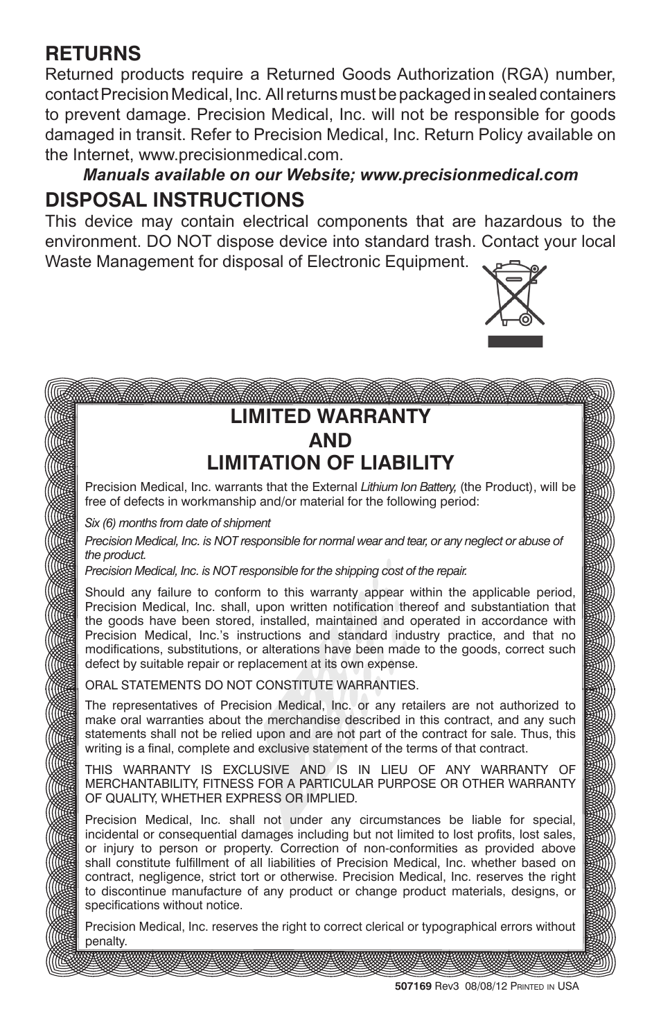 Returns, Disposal instructions, Limited warranty and limitation of liability | Precision Medical PM4150 EasyPulse Portable Oxygen Concentrator (POC) User Manual | Page 4 / 4