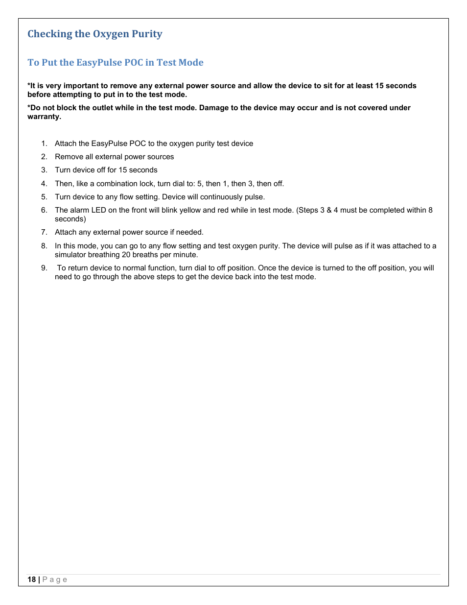 Checking the oxygen purity | Precision Medical PM4150 EasyPulse Portable Oxygen Concentrator (POC) User Manual | Page 20 / 20