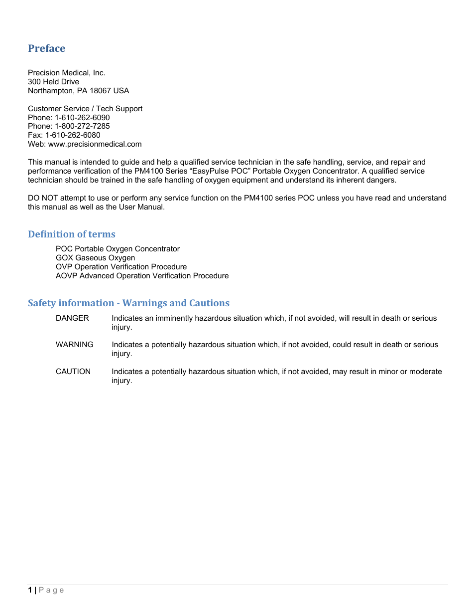 Preface, Definition of terms, Safety information ­ warnings and cautions | Precision Medical PM4150 EasyPulse Portable Oxygen Concentrator (POC) User Manual | Page 3 / 20