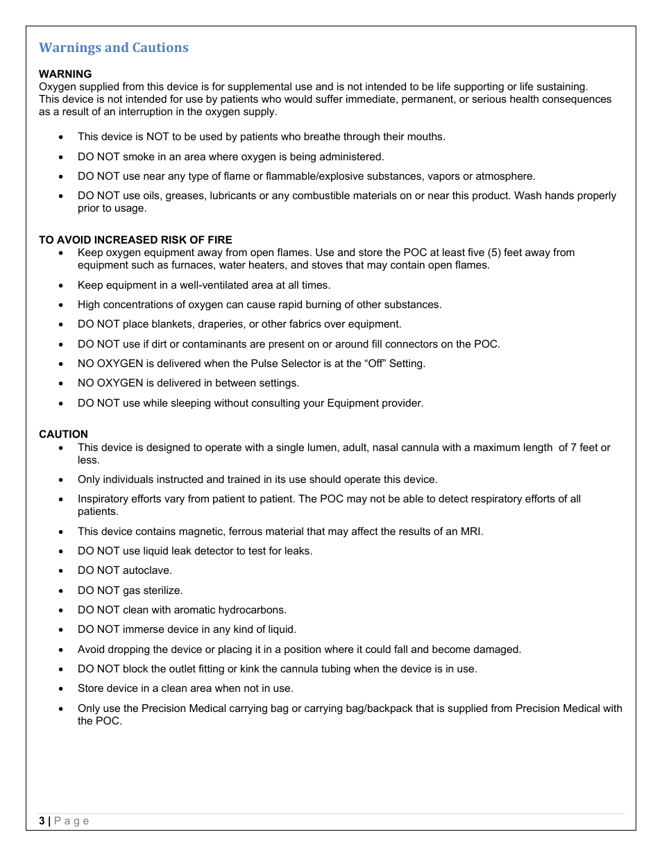 Warnings and cautions | Precision Medical PM4150 EasyPulse Portable Oxygen Concentrator (POC) User Manual | Page 5 / 20