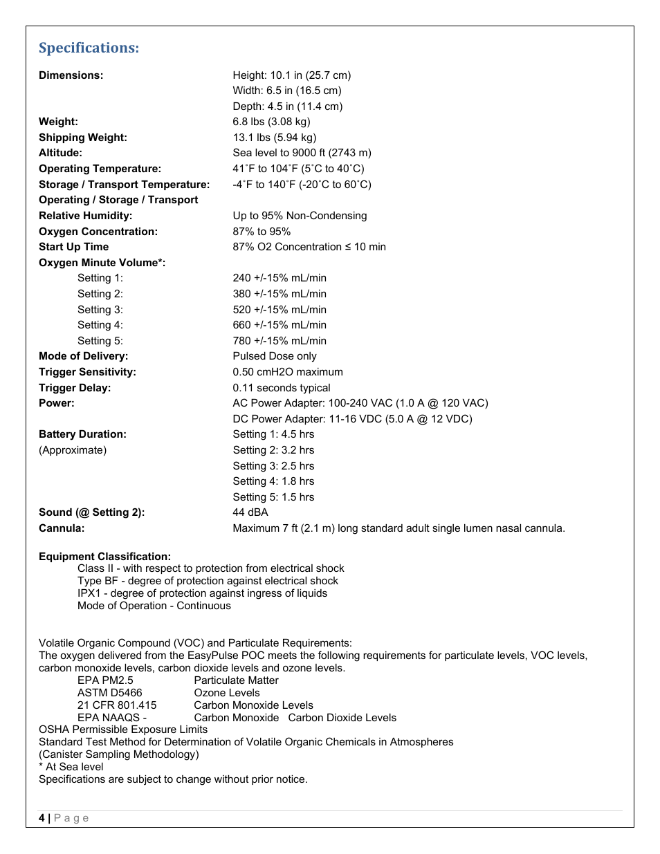 Specifications | Precision Medical PM4150 EasyPulse Portable Oxygen Concentrator (POC) User Manual | Page 6 / 20