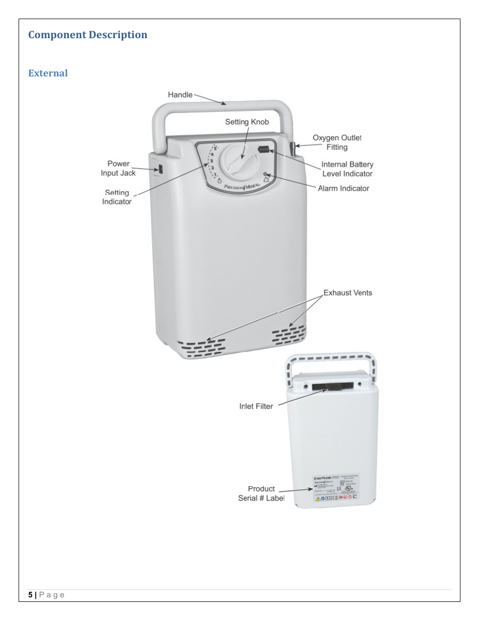 Component description, External | Precision Medical PM4150 EasyPulse Portable Oxygen Concentrator (POC) User Manual | Page 7 / 20