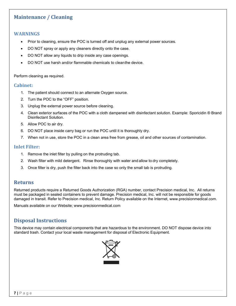 Maintenance / cleaning, Returns, Disposal instructions | Warnings, Cabinet, Inlet filter | Precision Medical PM4150 EasyPulse Portable Oxygen Concentrator (POC) User Manual | Page 9 / 20