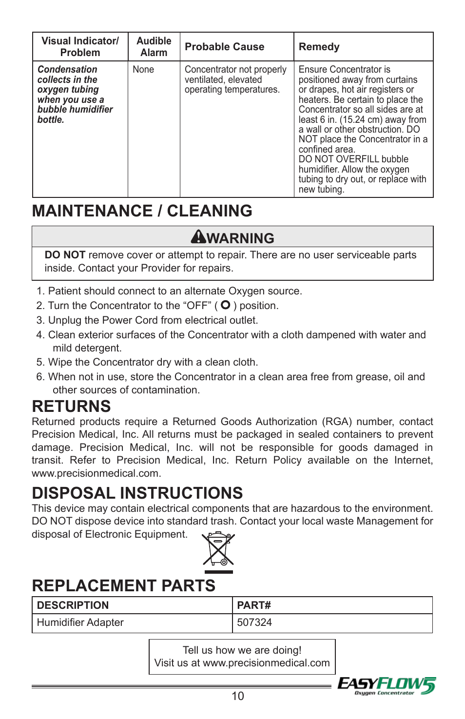 Maintenance / cleaning, Replacement parts, Returns | Disposal instructions, Warning | Precision Medical PM4351 EasyFlow5 User Manual | Page 11 / 12