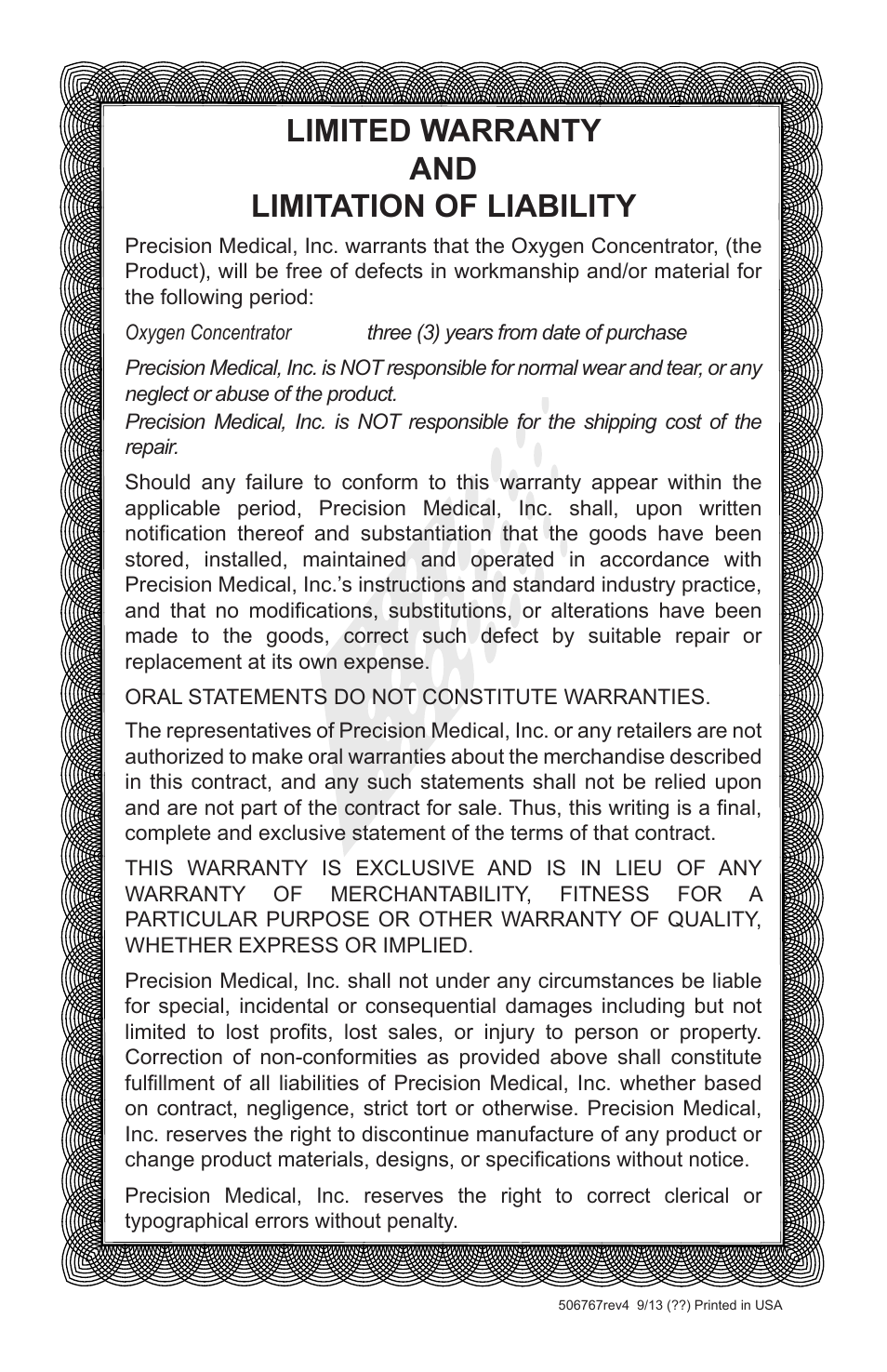Limited warranty and limitation of liability | Precision Medical PM4351 EasyFlow5 User Manual | Page 12 / 12