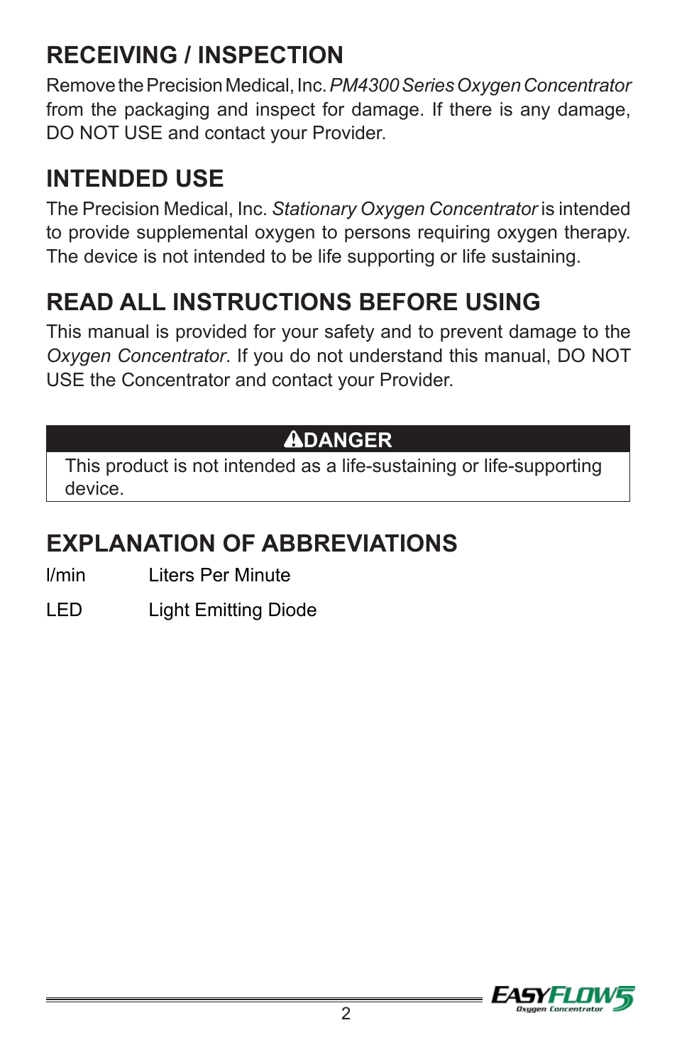 Receiving / inspection, Intended use, Read all instructions before using | Explanation of abbreviations | Precision Medical PM4351 EasyFlow5 User Manual | Page 3 / 12