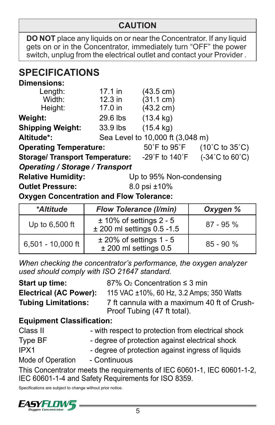 Specifications | Precision Medical PM4351 EasyFlow5 User Manual | Page 6 / 12
