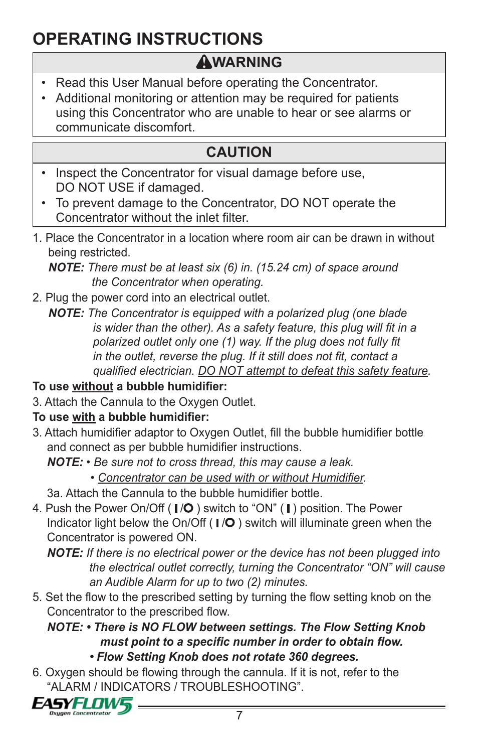 Operating instructions, Warning, Caution | Precision Medical PM4351 EasyFlow5 User Manual | Page 8 / 12