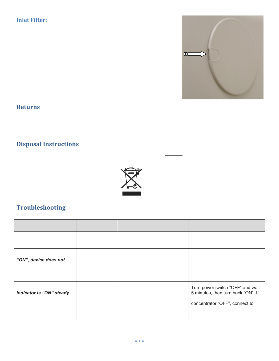 Inlet filter, Returns, Disposal instructions | Troubleshooting | Precision Medical PM4351 EasyFlow5 User Manual | Page 11 / 22