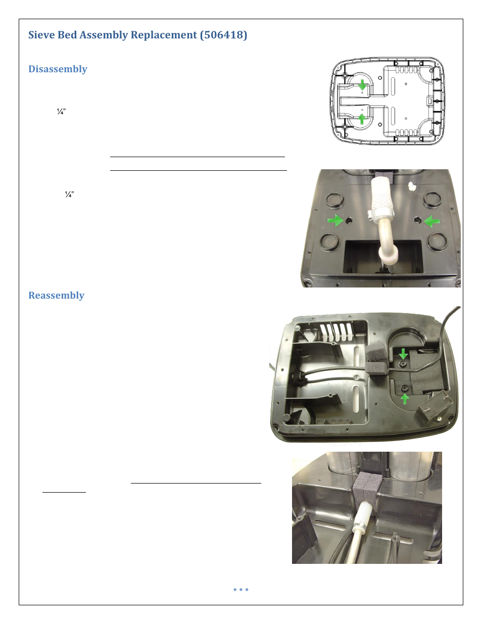 Sieve bed assembly replacement (506418), Disassembly, Reassembly | Precision Medical PM4351 EasyFlow5 User Manual | Page 19 / 22