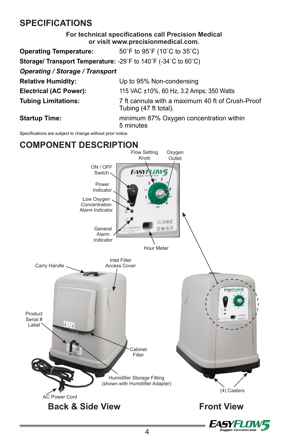 Specifications, Component description, Front view back & side view | Precision Medical PM4351 EasyFlow5 User Manual | Page 5 / 8