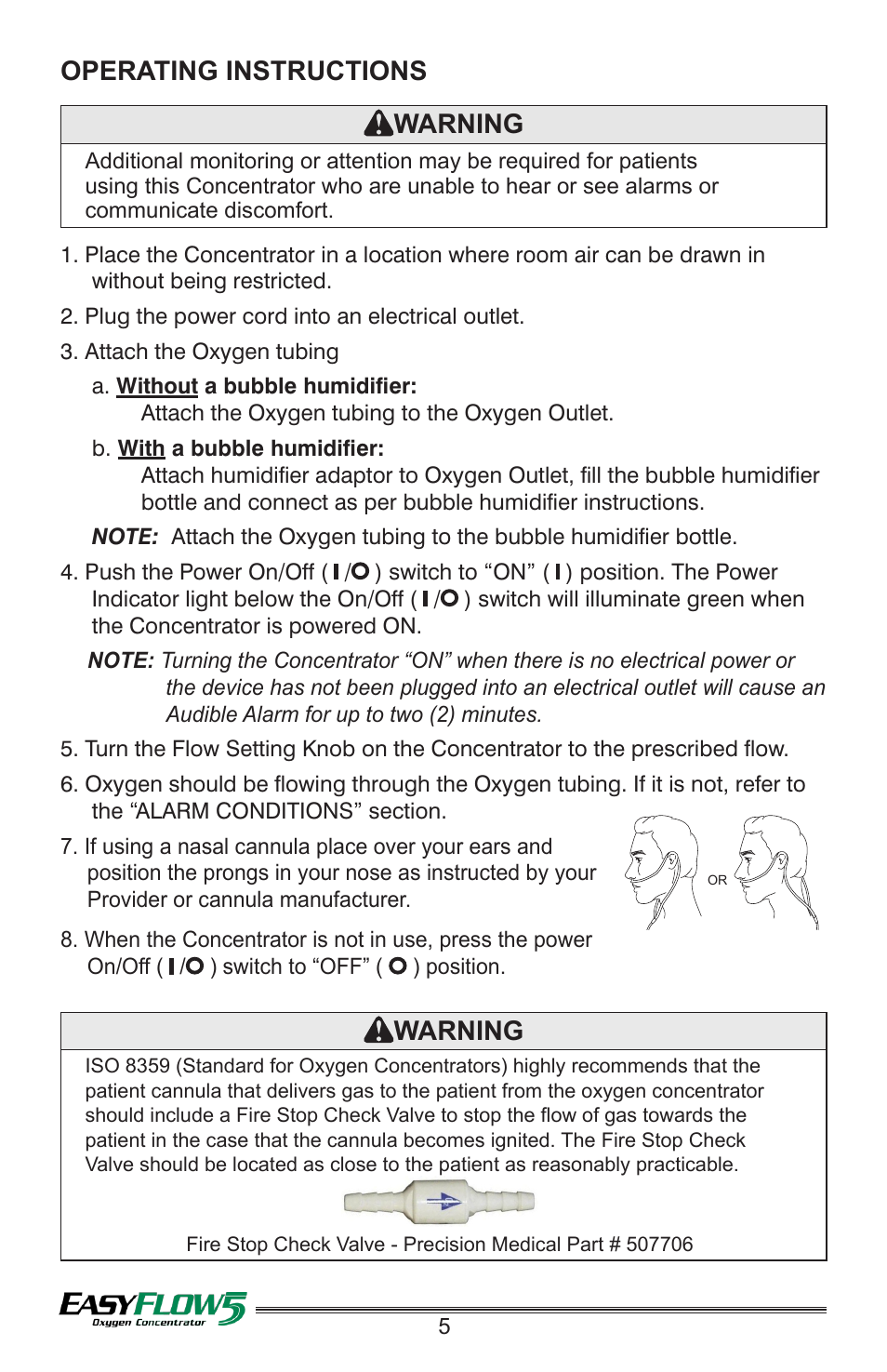 Operating instructions, Warning | Precision Medical PM4351 EasyFlow5 User Manual | Page 6 / 8