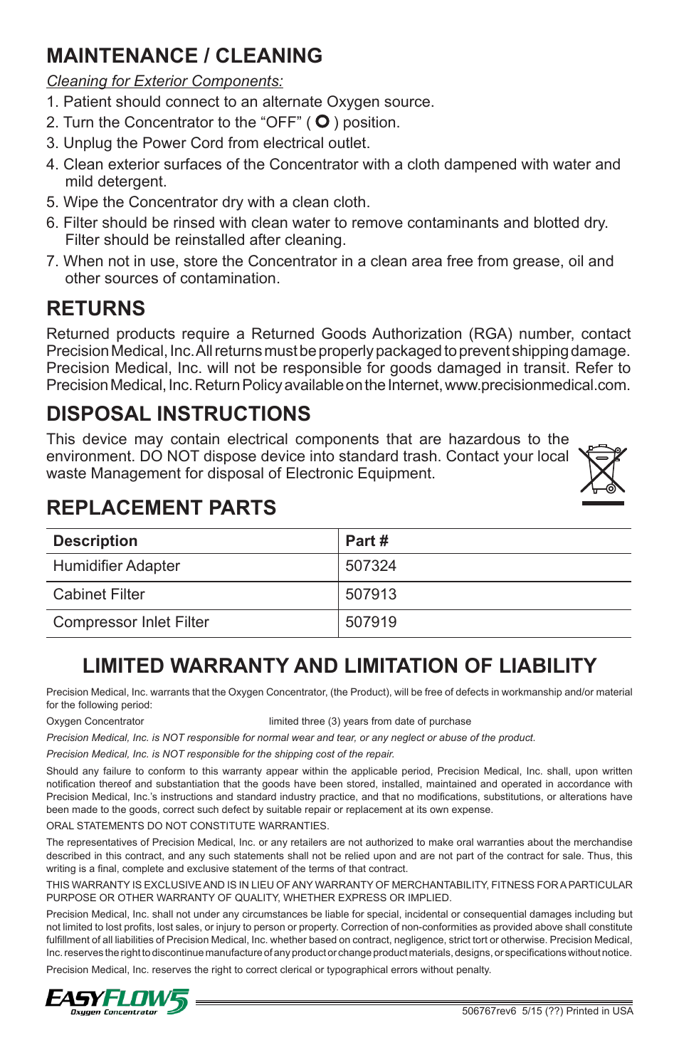 Limited warranty and limitation of liability, Maintenance / cleaning, Replacement parts | Returns, Disposal instructions | Precision Medical PM4351 EasyFlow5 User Manual | Page 8 / 8