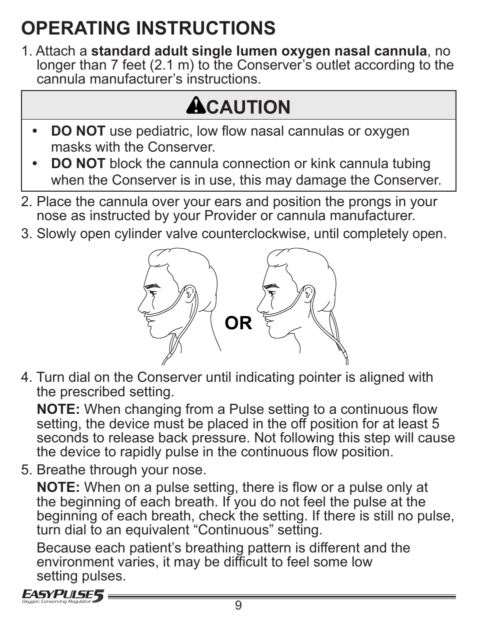 Operating instructions, Caution | Precision Medical EasyPulse5 Oxygen Conserving Regulator User Manual | Page 10 / 16