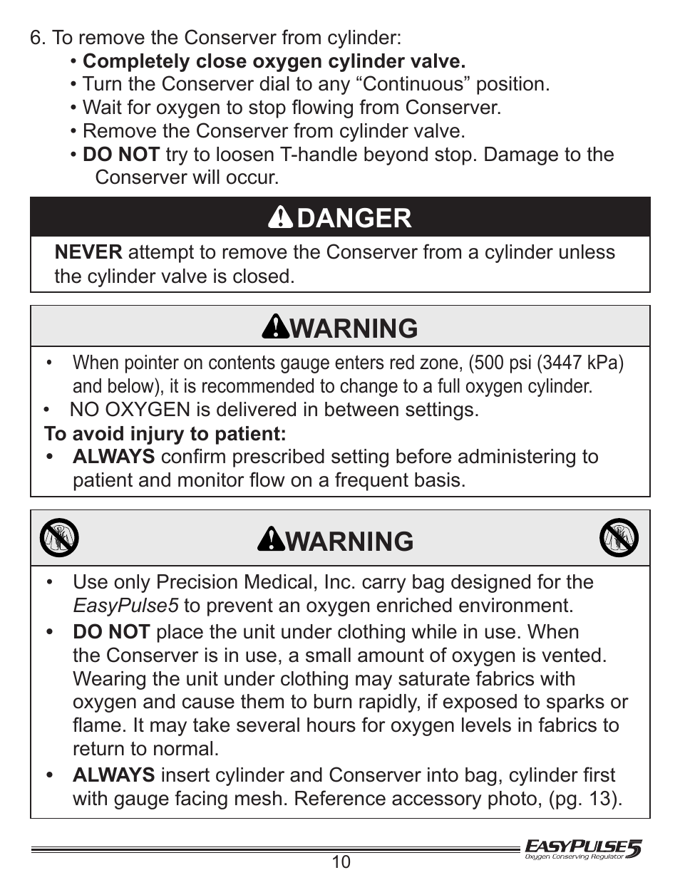 Danger, Warning | Precision Medical EasyPulse5 Oxygen Conserving Regulator User Manual | Page 11 / 16