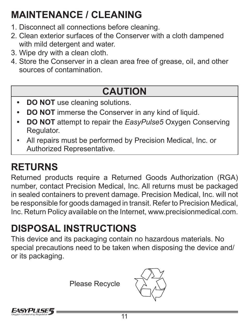 Maintenance / cleaning, Returns, Caution | Disposal instructions | Precision Medical EasyPulse5 Oxygen Conserving Regulator User Manual | Page 12 / 16