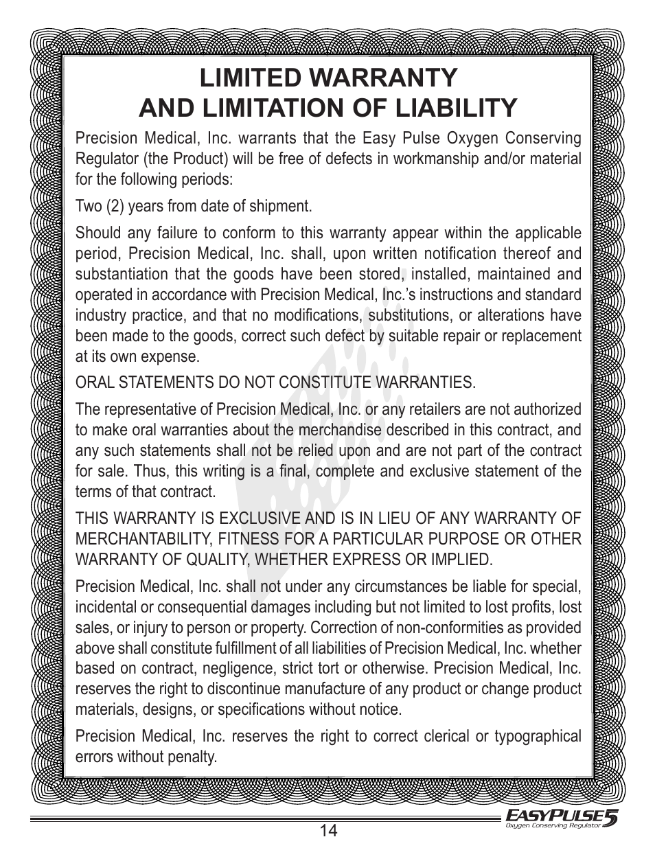 Limited warranty and limitation of liability | Precision Medical EasyPulse5 Oxygen Conserving Regulator User Manual | Page 15 / 16