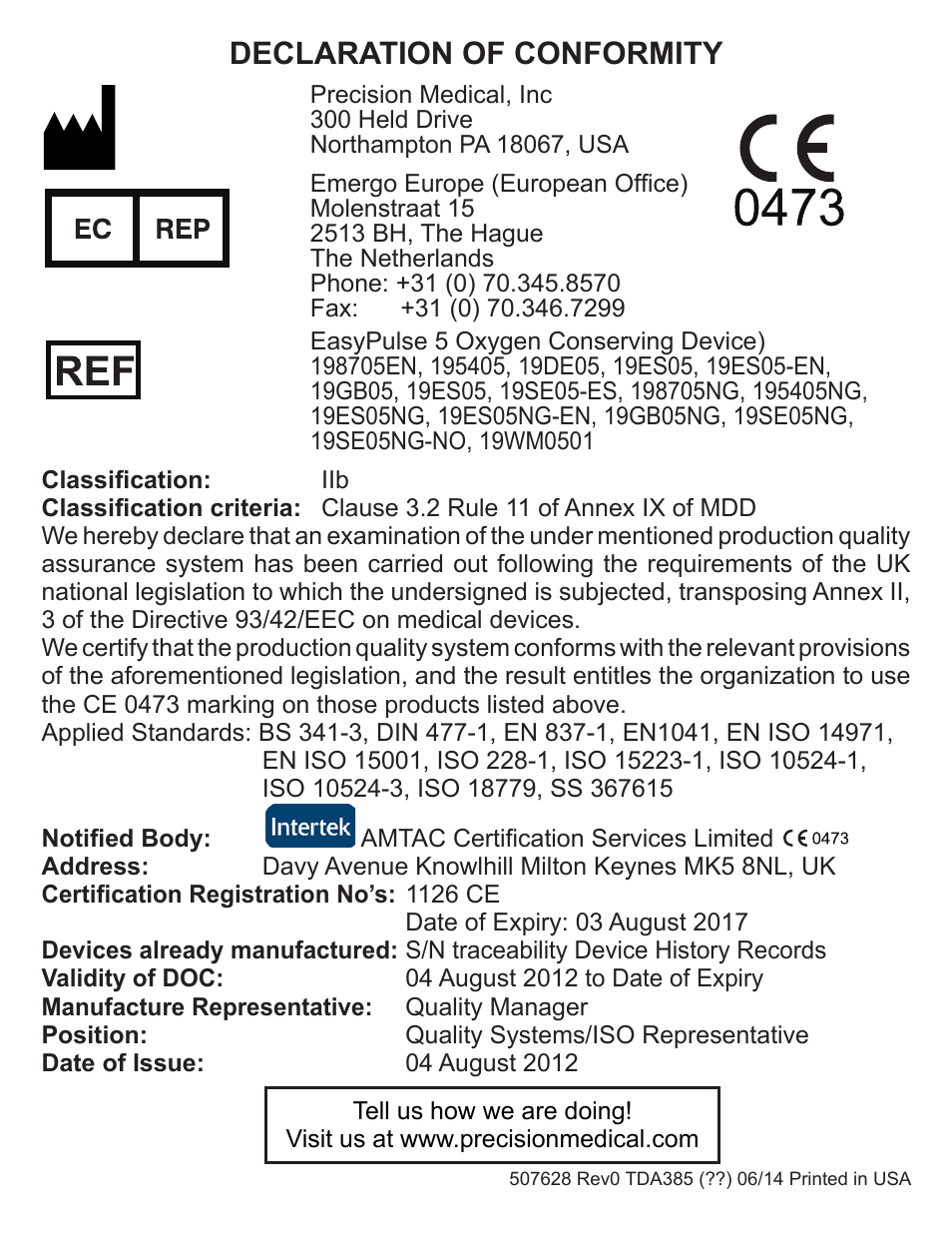 Declaration of conformity | Precision Medical EasyPulse5 Oxygen Conserving Regulator User Manual | Page 16 / 16