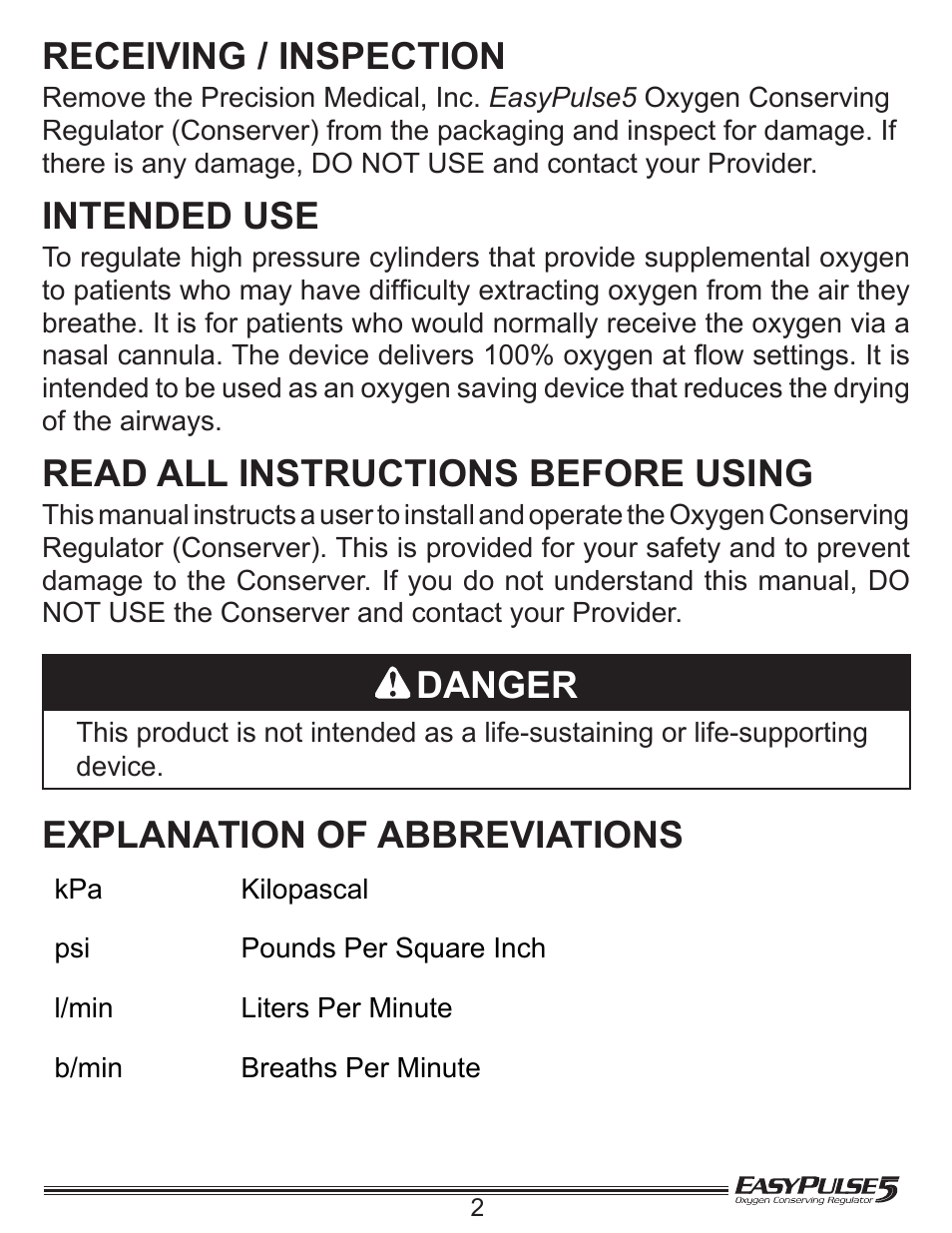 Receiving / inspection, Intended use, Read all instructions before using | Explanation of abbreviations, Danger | Precision Medical EasyPulse5 Oxygen Conserving Regulator User Manual | Page 3 / 16