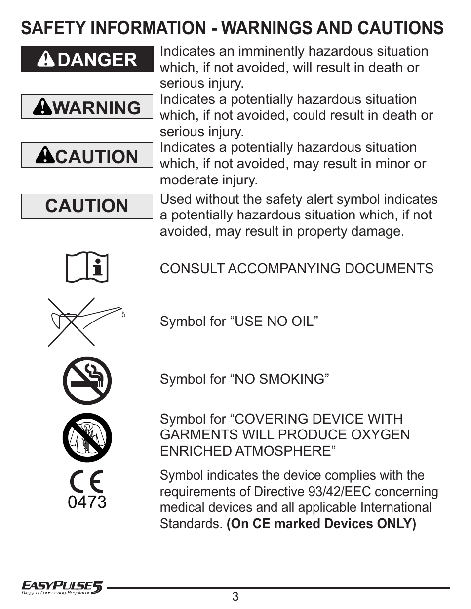 Safety information - warnings and cautions danger, Warning, Caution | Precision Medical EasyPulse5 Oxygen Conserving Regulator User Manual | Page 4 / 16