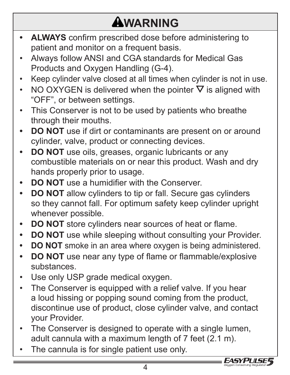 Warning | Precision Medical EasyPulse5 Oxygen Conserving Regulator User Manual | Page 5 / 16
