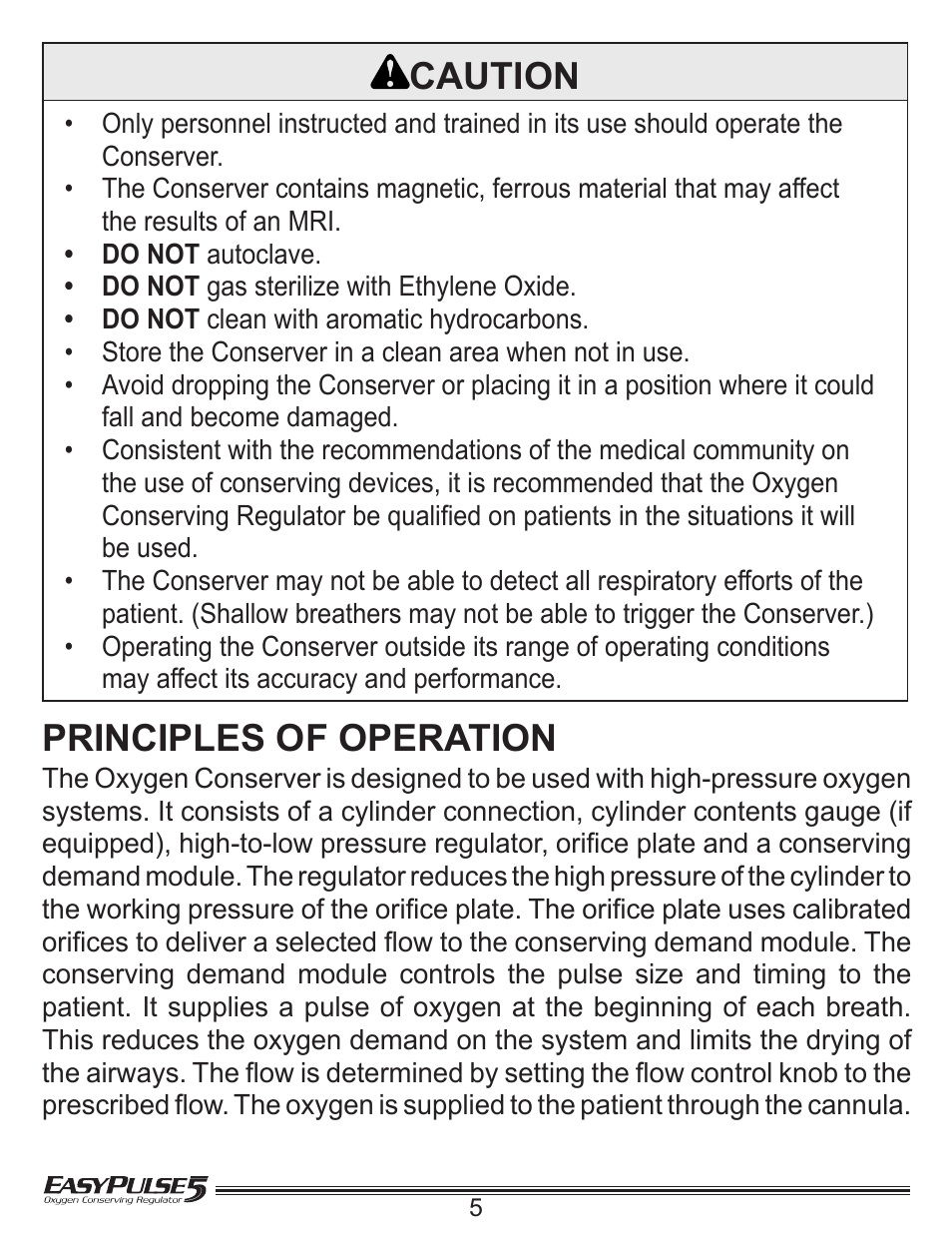 Caution, Principles of operation | Precision Medical EasyPulse5 Oxygen Conserving Regulator User Manual | Page 6 / 16
