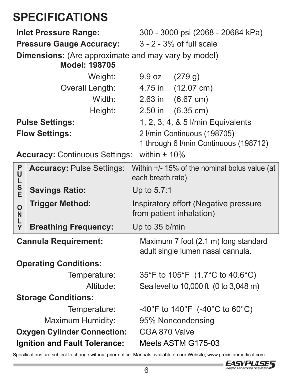 Specifications | Precision Medical EasyPulse5 Oxygen Conserving Regulator User Manual | Page 7 / 16