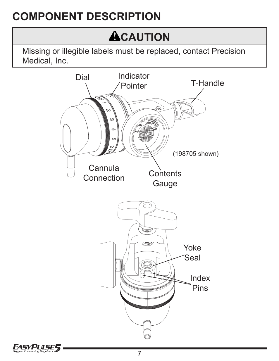 Component description caution | Precision Medical EasyPulse5 Oxygen Conserving Regulator User Manual | Page 8 / 16