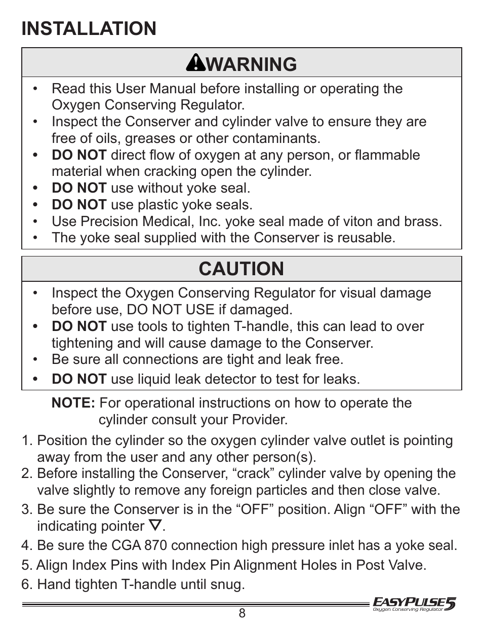 Installation warning, Caution | Precision Medical EasyPulse5 Oxygen Conserving Regulator User Manual | Page 9 / 16