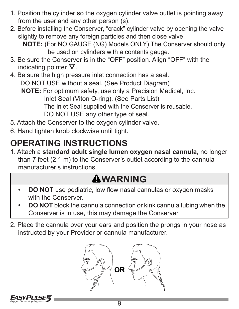 Warning, Operating instructions | Precision Medical EasyPulse5 Oxygen Conserving Regulator User Manual | Page 10 / 16